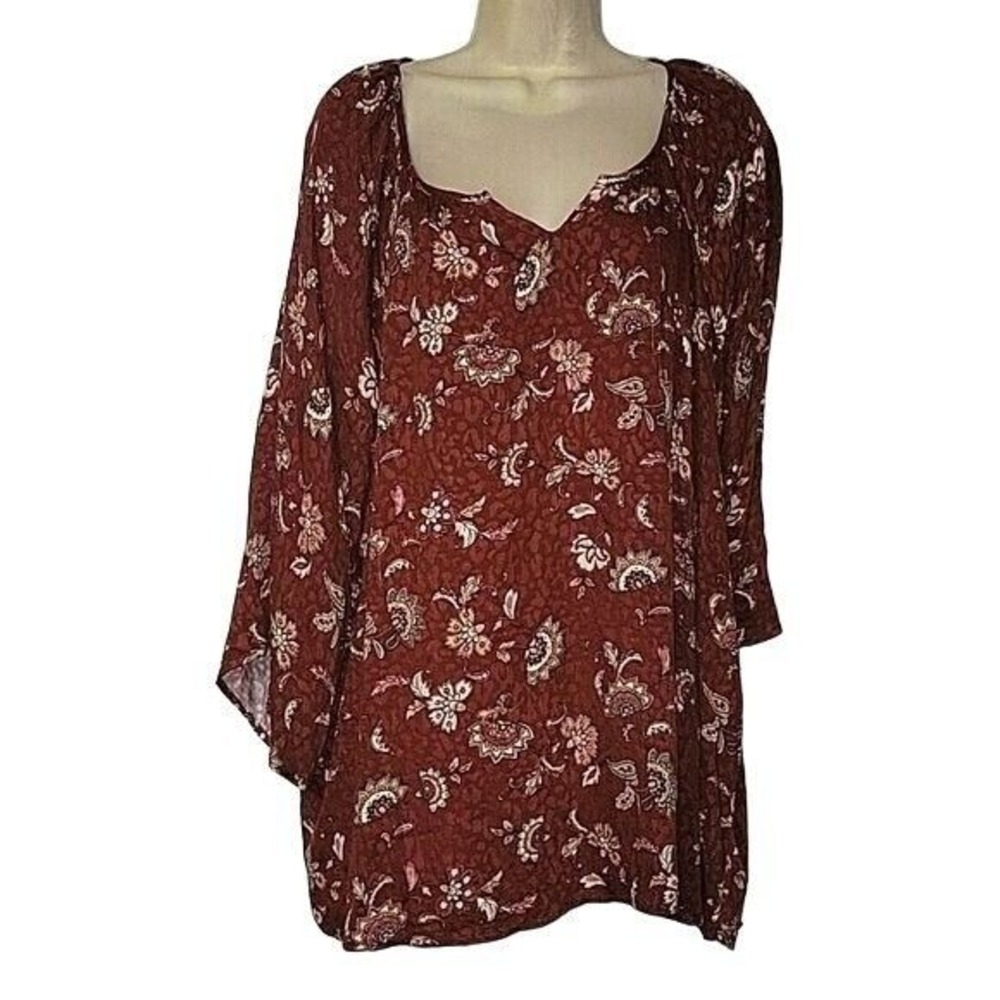 Naif NEW Burgundy Floral Paisley Bell Sleeve Tunic Top Plus‎ 2X cottagecore boho